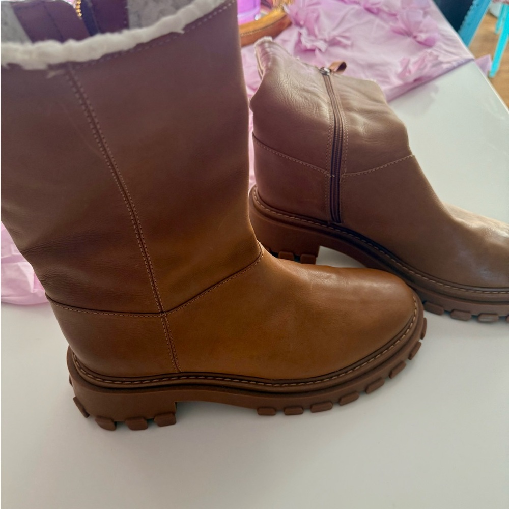 SCHUTZ Cognac Leather Mid-Calf Lug Sole Boots - Picture 3 of 10